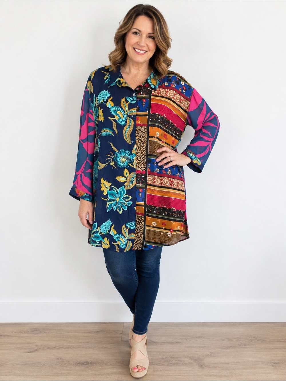 Rose & Olive 2X Mixed Print Patchwork Tunic Shirt Dress Boho Floral